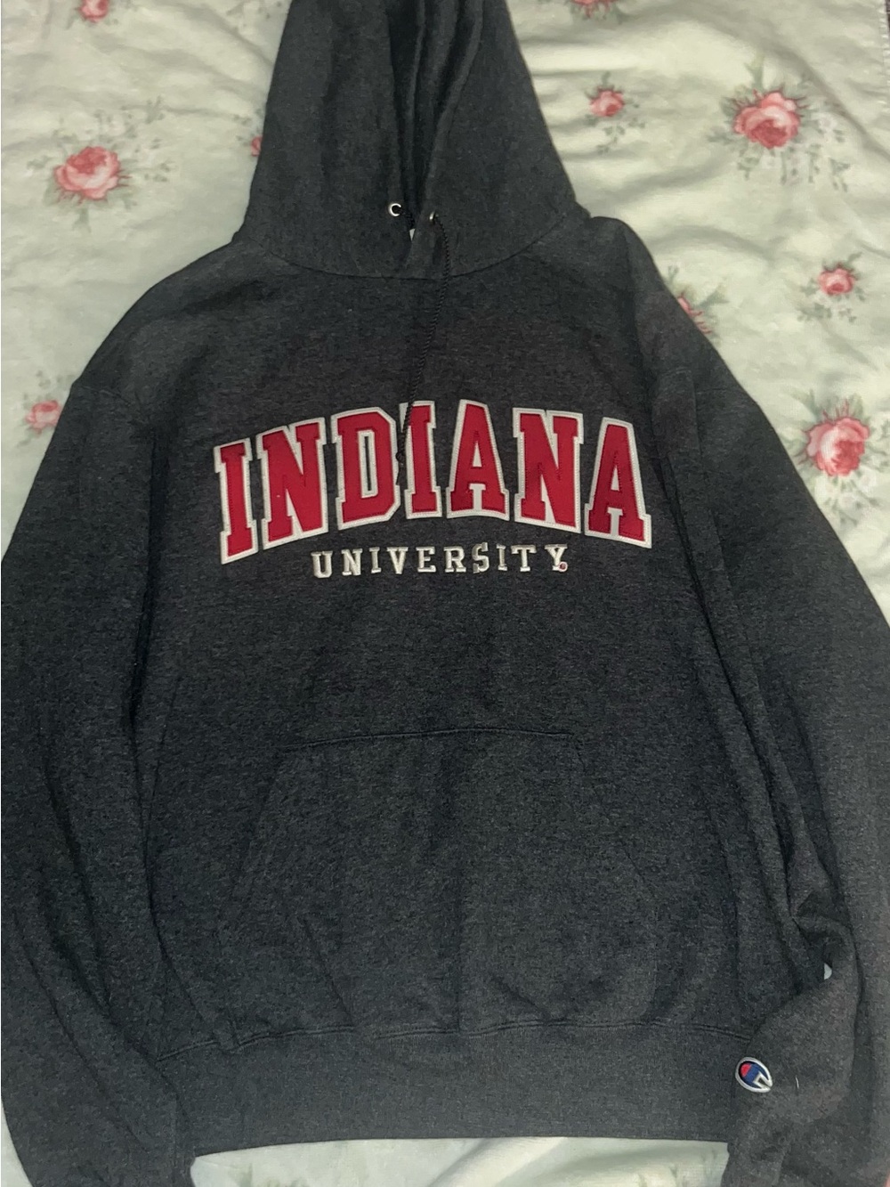 Champion Dark Gray Hoodie with Red & White Indiana University Logo